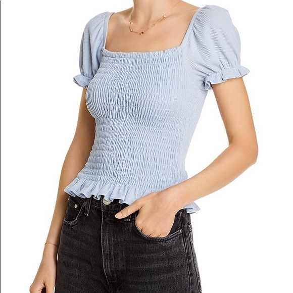 AQUA Smocked Puff-sleeve Top Light Blue Large NEW NWT REG $48 - Picture 1 of 2